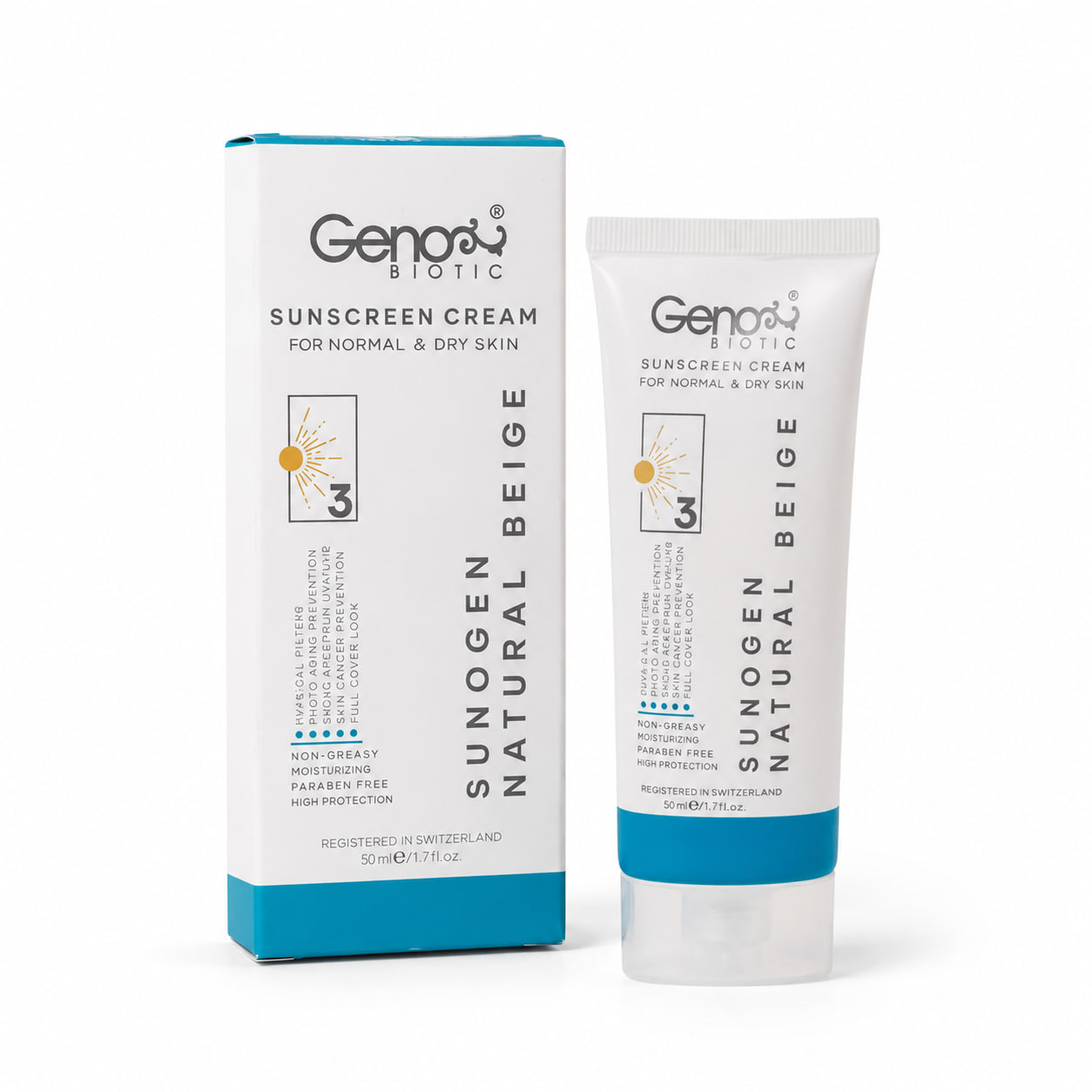 ضد آفتاب رنگی ژنوبایوتیک پوست خشک و معمولی بژ روشن SPF50